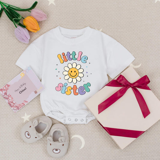Retro Little Sister Romper: Rainbow Bubbles & Smiley Flower Bodysuit! Cute Baby Girl Outfit, Vintage Vibe, Colorful Sister Gift Idea (139 chars)