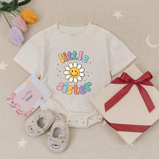 Retro Little Sister Romper: Rainbow Bubbles & Smiley Flower Bodysuit! Cute Baby Girl Outfit, Vintage Vibe, Colorful Sister Gift Idea (139 chars)