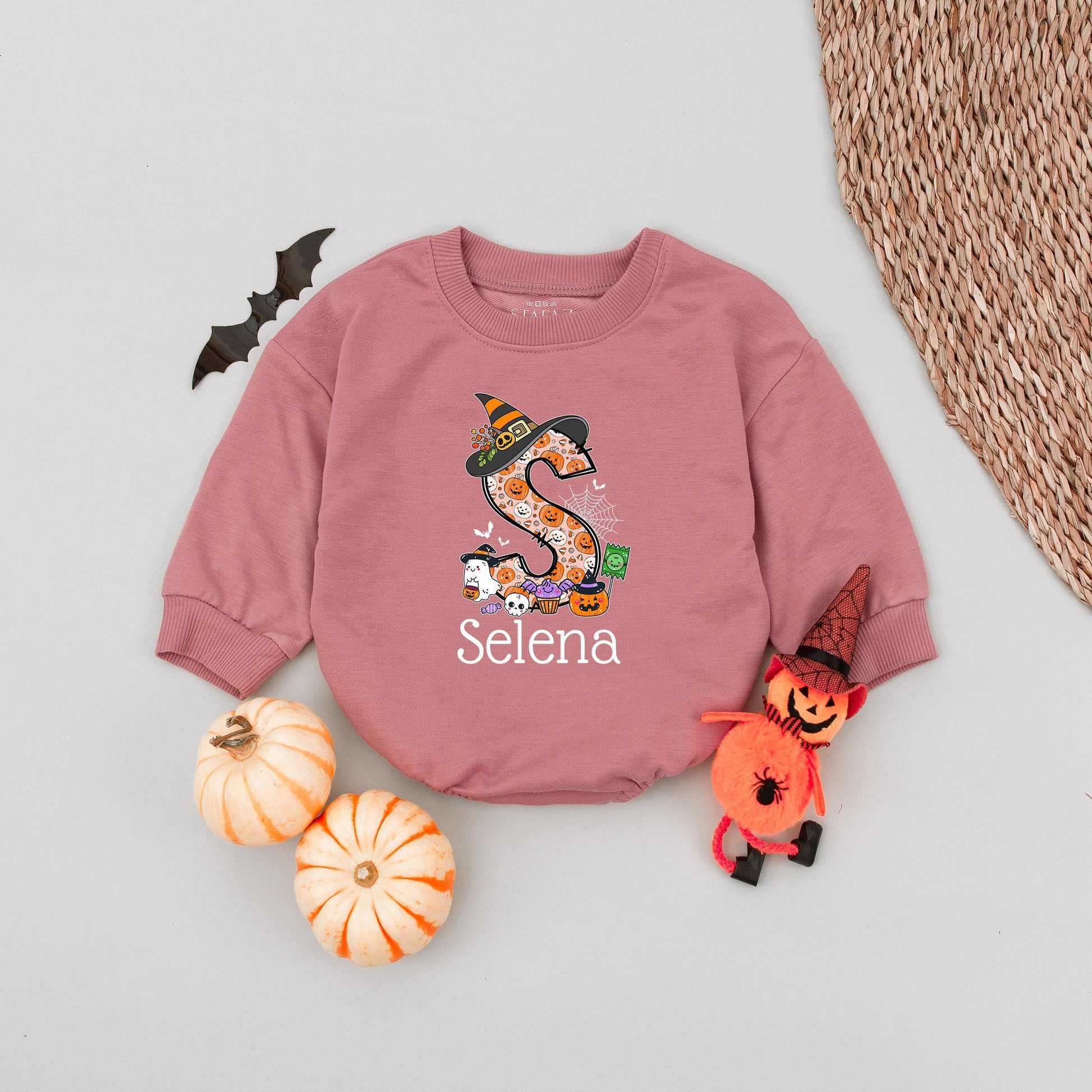 Custom 'Selena' Halloween Baby Romper with Witch Hat & Pumpkin Monogram Cute First Halloween Outfit for Newborns
