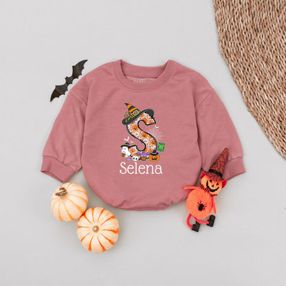 Custom 'Selena' Halloween Baby Romper with Witch Hat & Pumpkin Monogram Cute First Halloween Outfit for Newborns