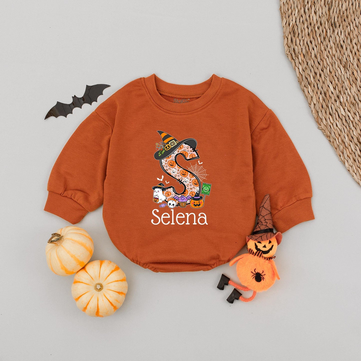 Custom 'Selena' Halloween Baby Romper with Witch Hat & Pumpkin Monogram Cute First Halloween Outfit for Newborns