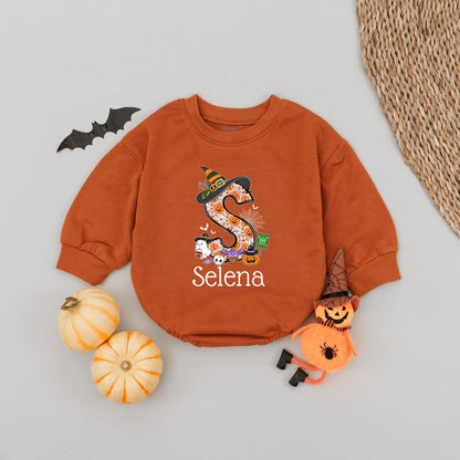 Custom 'Selena' Halloween Baby Romper with Witch Hat & Pumpkin Monogram Cute First Halloween Outfit for Newborns