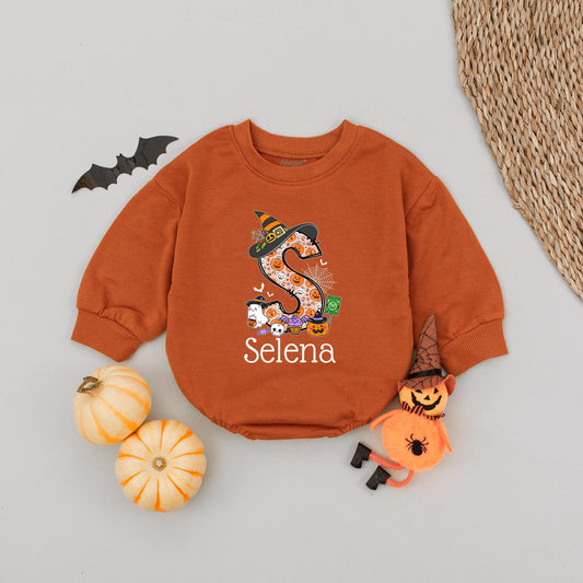 Custom 'Selena' Halloween Baby Romper with Witch Hat & Pumpkin Monogram Cute First Halloween Outfit for Newborns