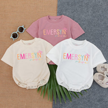Personalized Baby Girl Floral Bow Bubble Romper for Name First Birthday Outfit Soft Cotton Bodysuit Shower Gift Toddler Clothing