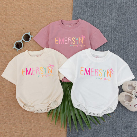 Personalized Baby Girl Floral Bow Bubble Romper for Name First Birthday Outfit Soft Cotton Bodysuit Shower Gift Toddler Clothing