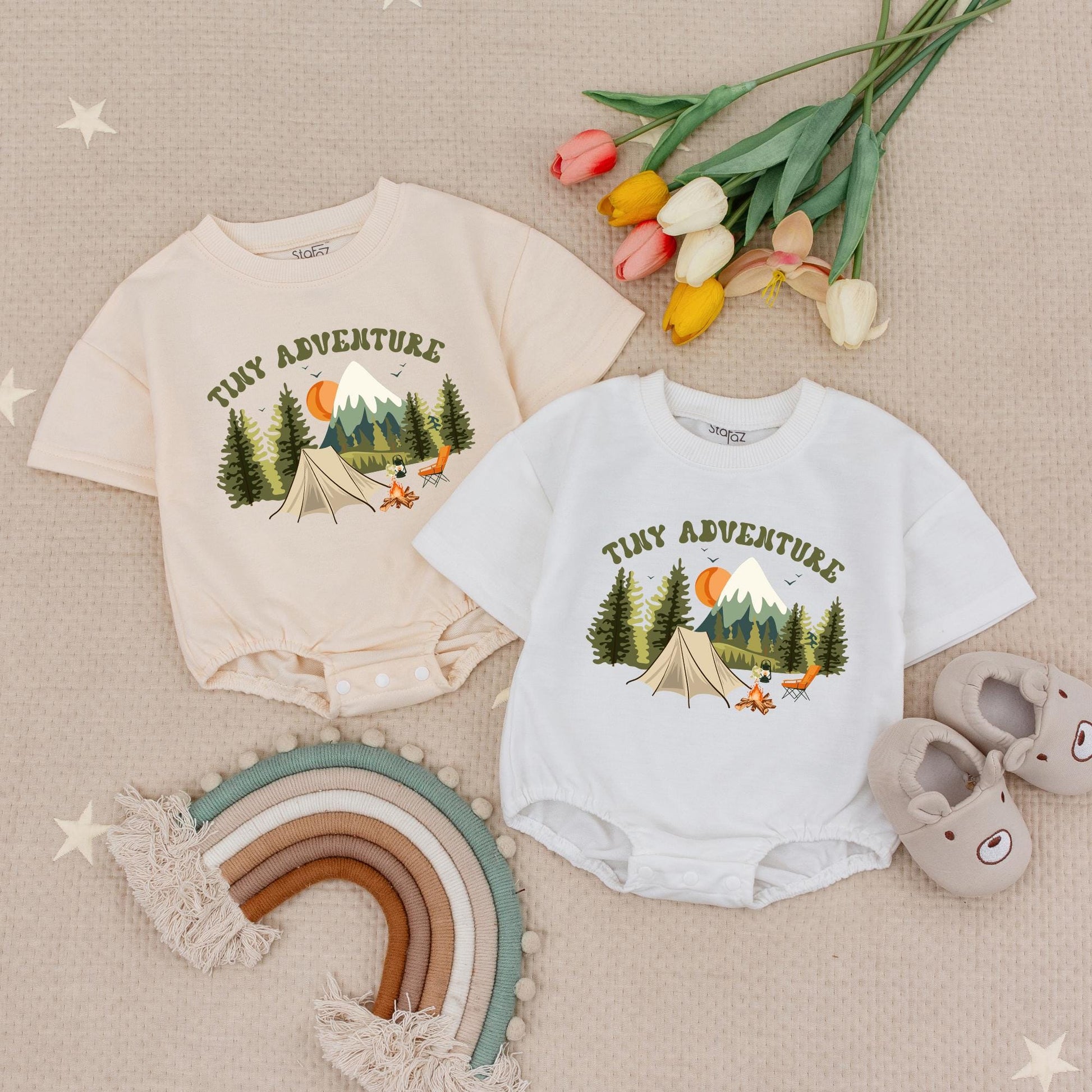 Tiny Adventure Baby Romper, Camping Scene Infant Bodysuit, Little Hiker Babysuit, Nature Explorer, Soft Cotton, Playful Forest Design, Outdoorsy Baby Gift