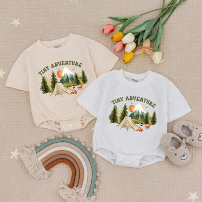 Tiny Adventure Baby Romper, Camping Scene Infant Bodysuit, Little Hiker Babysuit, Nature Explorer, Soft Cotton, Playful Forest Design, Outdoorsy Baby Gift