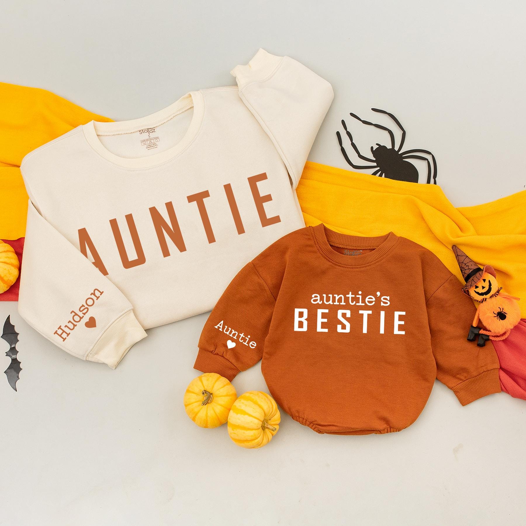 Personalized Auntie and Bestie Fall Matching Family Sweatshirts Autumn Pumpkin Patch Mom and Me Kids Outfits Cozy Thanksgiving Attire