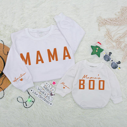 Mama and Mama's Boo Matching Fall Sweatshirt & Baby Girl Pumpkin Romper Cozy Family Autumn Outfits Baby Shower Gift