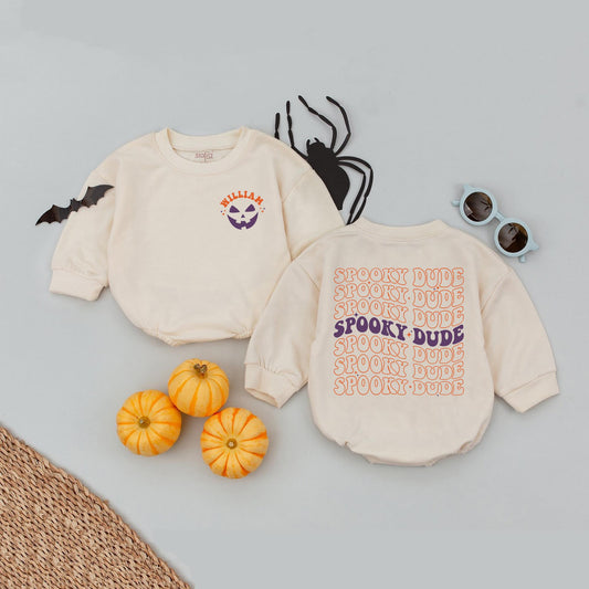 Personalized WILLIAM Spooky Dude Baby Romper Halloween Orange Stars Pumpkin Face Baby Boy Girl Fall Autumn Spooky Season Clothes