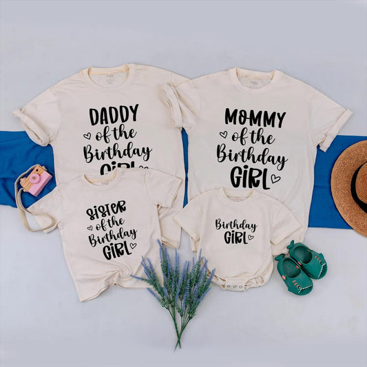 Birthday Girl Family Matching Shirt Daddy Mommy Sister & Birthday Girl Cute Heart Design Black Text Casual Outfit