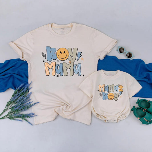 Retro Boy Mama & Mama's Boy Matching Outfits Pastel Stars & Smiley Face Family Gift for Mom and Son
