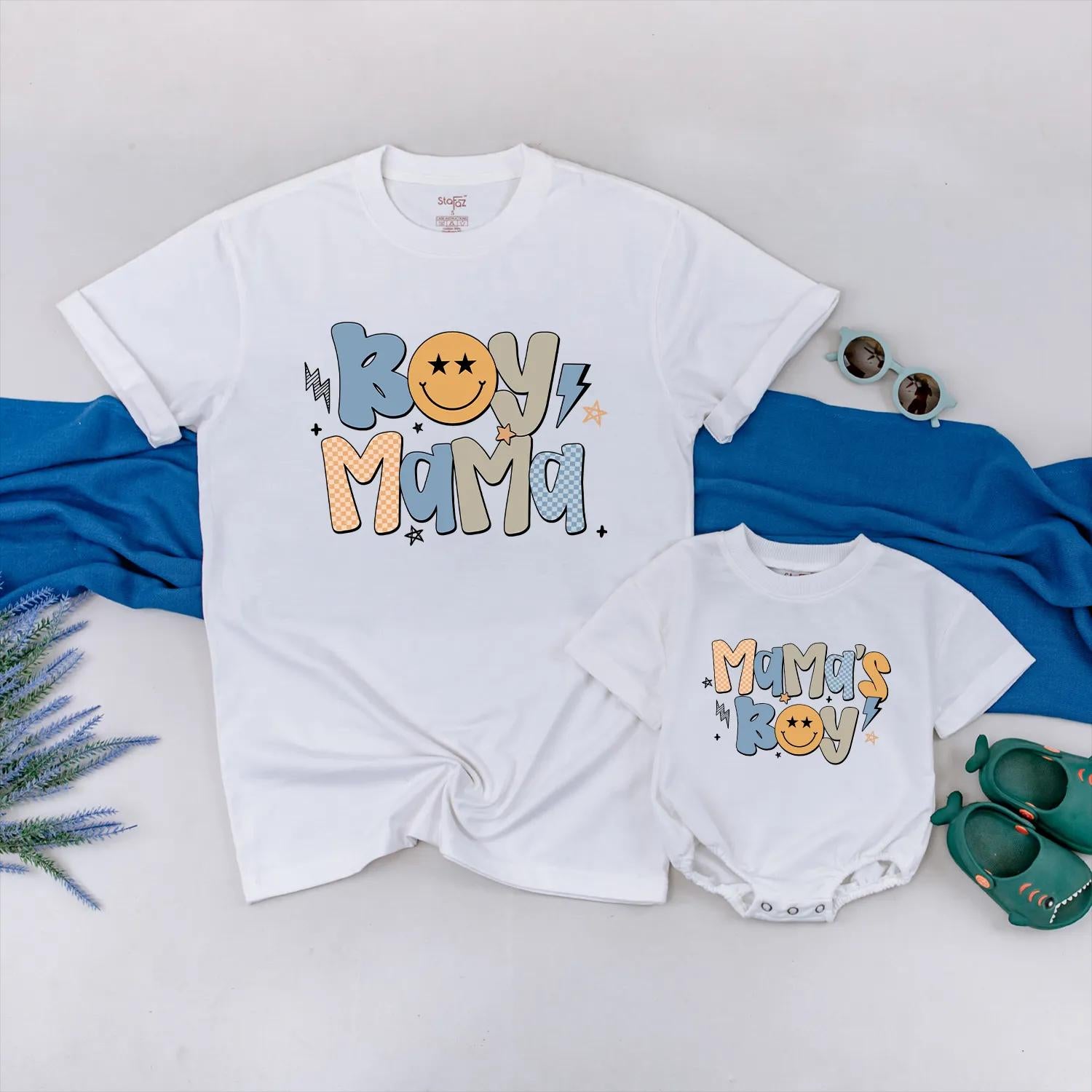 Retro Boy Mama & Mama's Boy Matching Outfits Pastel Stars & Smiley Face Family Gift for Mom and Son