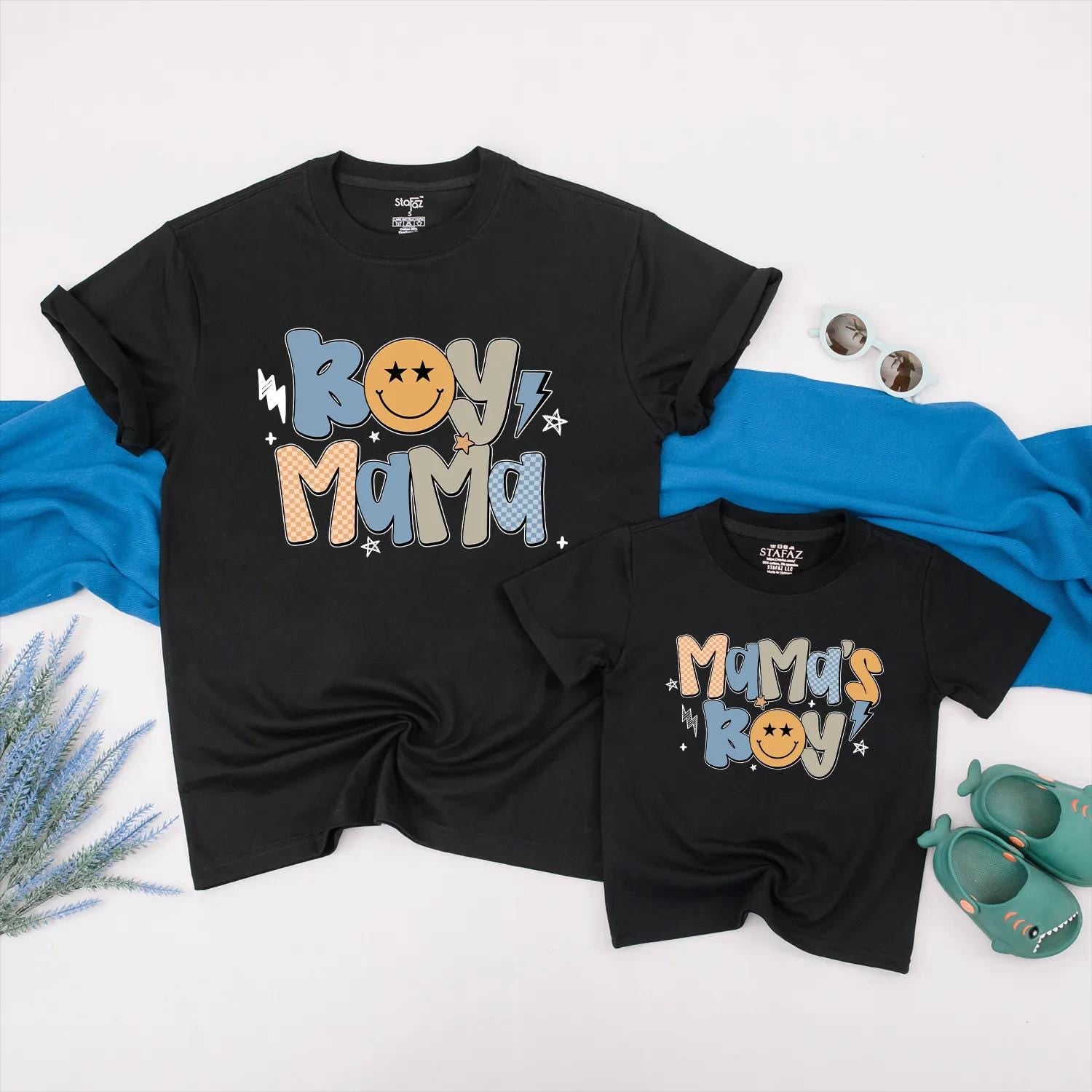 Retro Boy Mama & Mama's Boy Matching Outfits Pastel Stars & Smiley Face Family Gift for Mom and Son