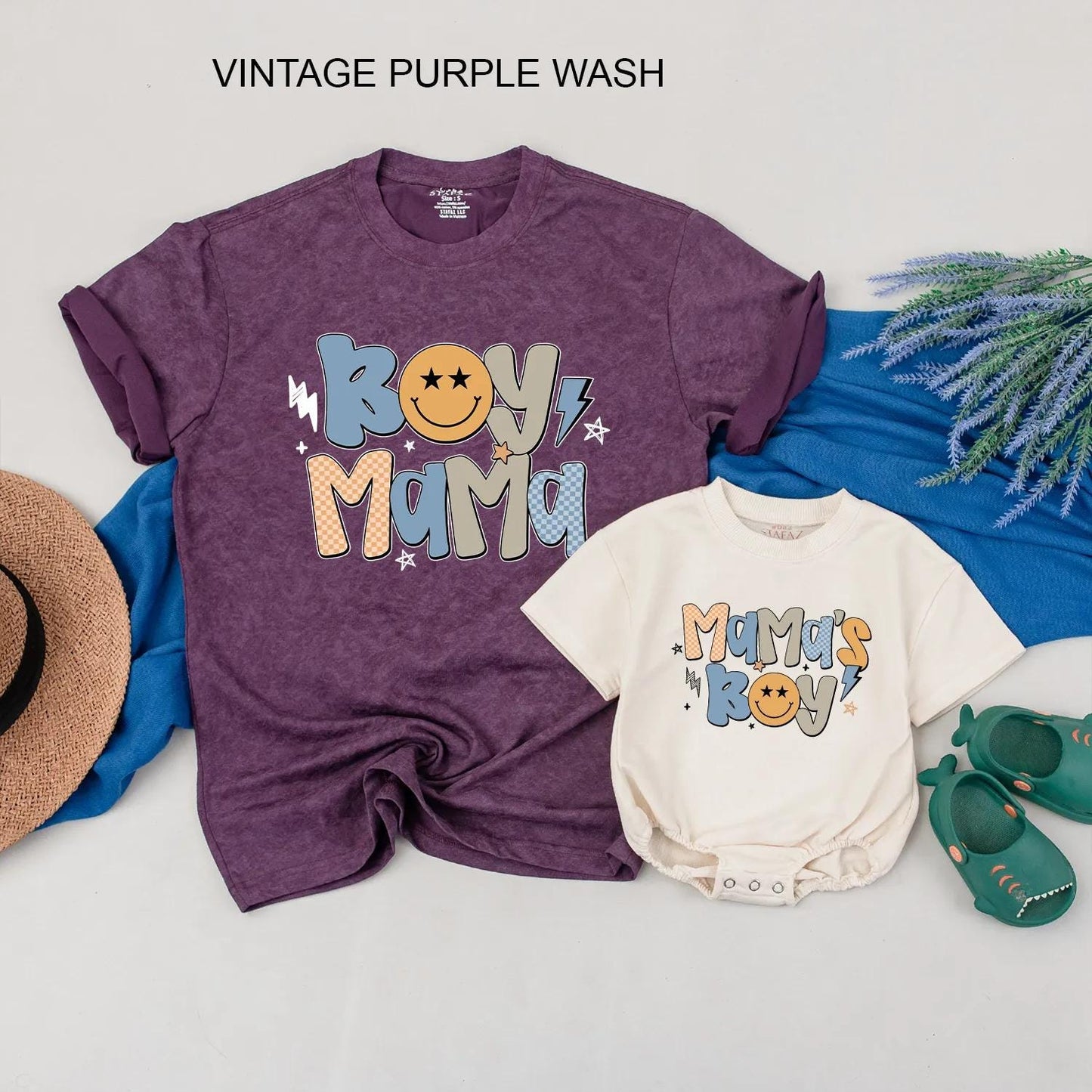Retro Boy Mama & Mama's Boy Matching Outfits Pastel Stars & Smiley Face Family Gift for Mom and Son