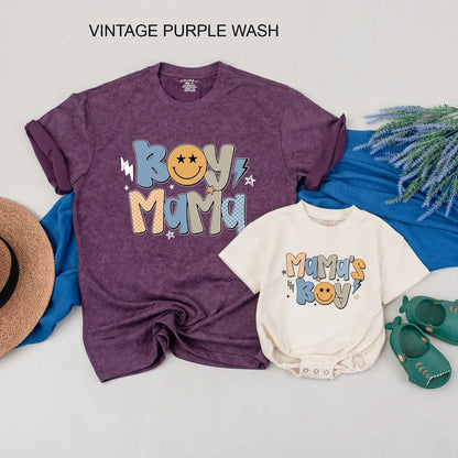 Retro Boy Mama & Mama's Boy Matching Outfits Pastel Stars & Smiley Face Family Gift for Mom and Son