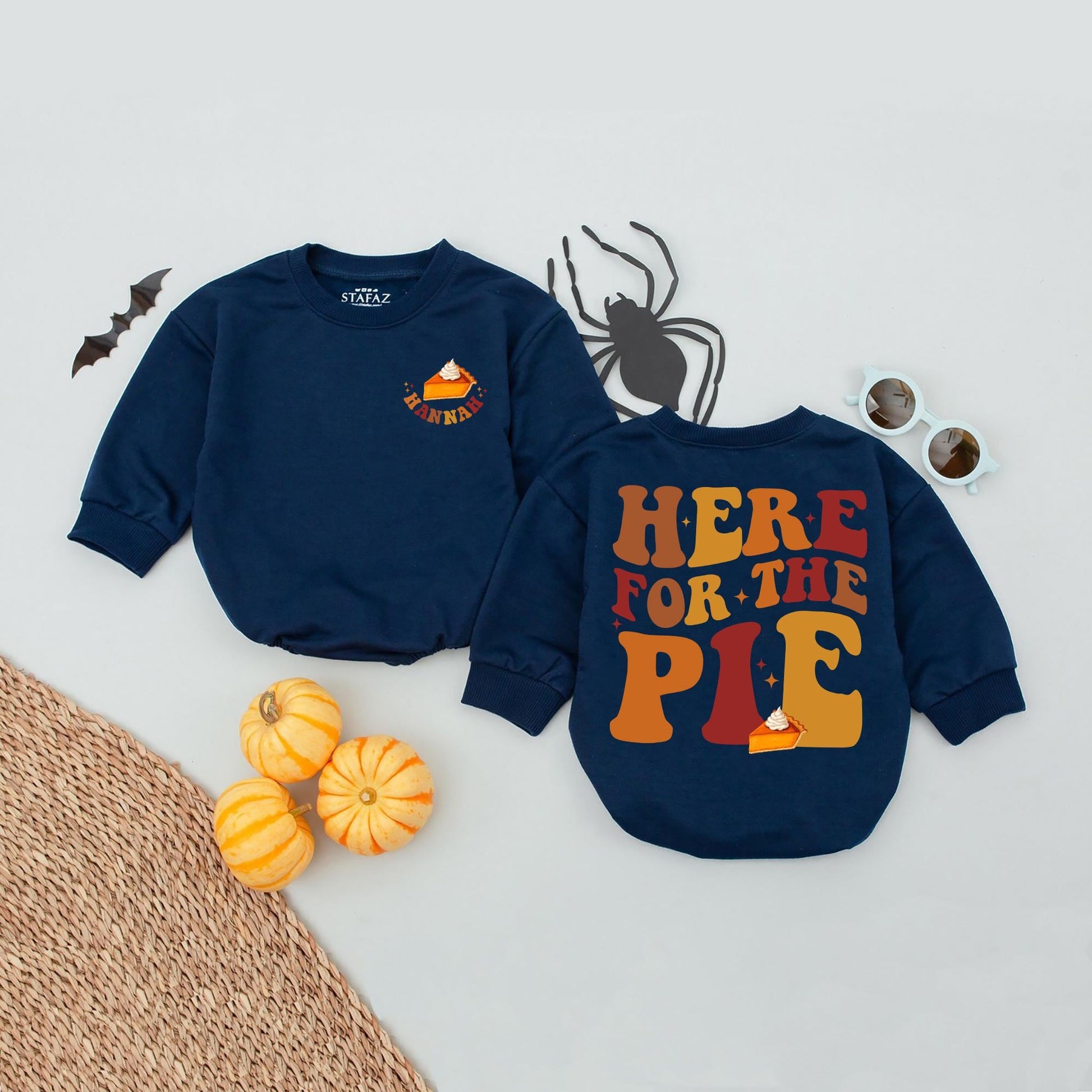 Personalized Retro Thanksgiving Baby Romper Name Pie Graphic Autumn Vibes Vintage Fall Outfit Soft Cotton Infant Toddler Apparel Warm Hues