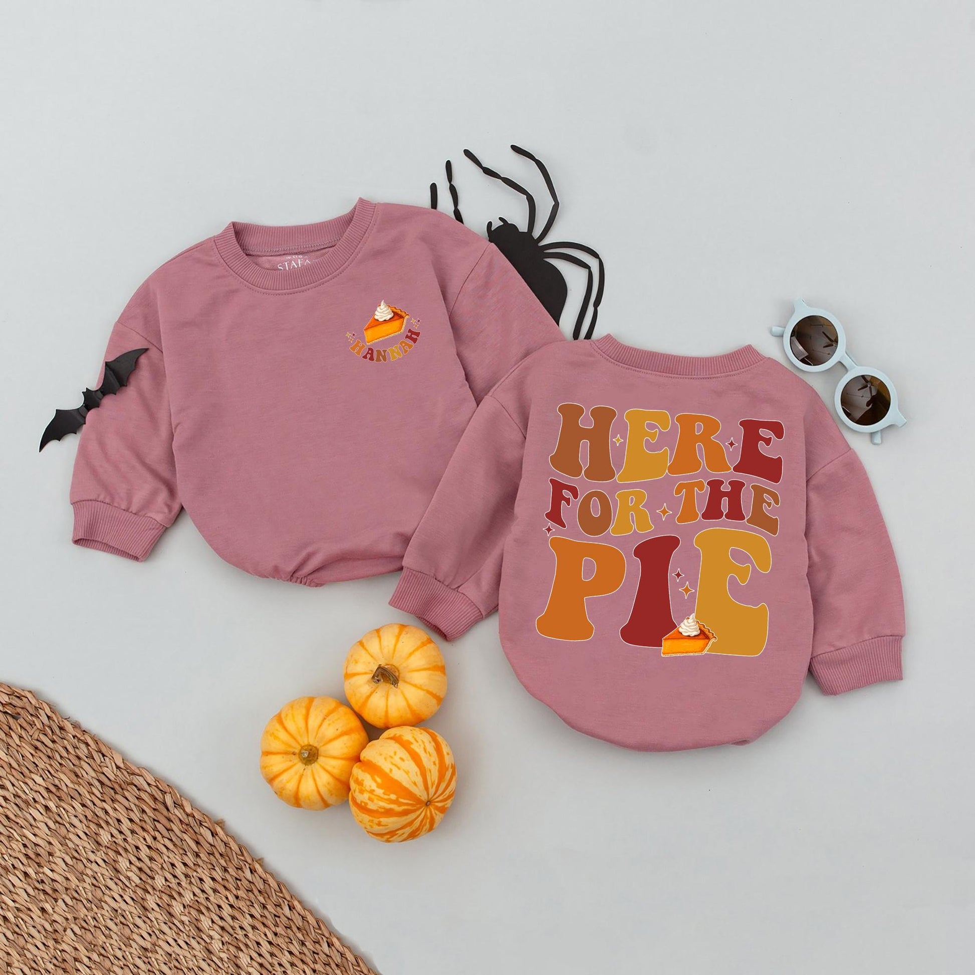 Personalized Retro Thanksgiving Baby Romper Name Pie Graphic Autumn Vibes Vintage Fall Outfit Soft Cotton Infant Toddler Apparel Warm Hues