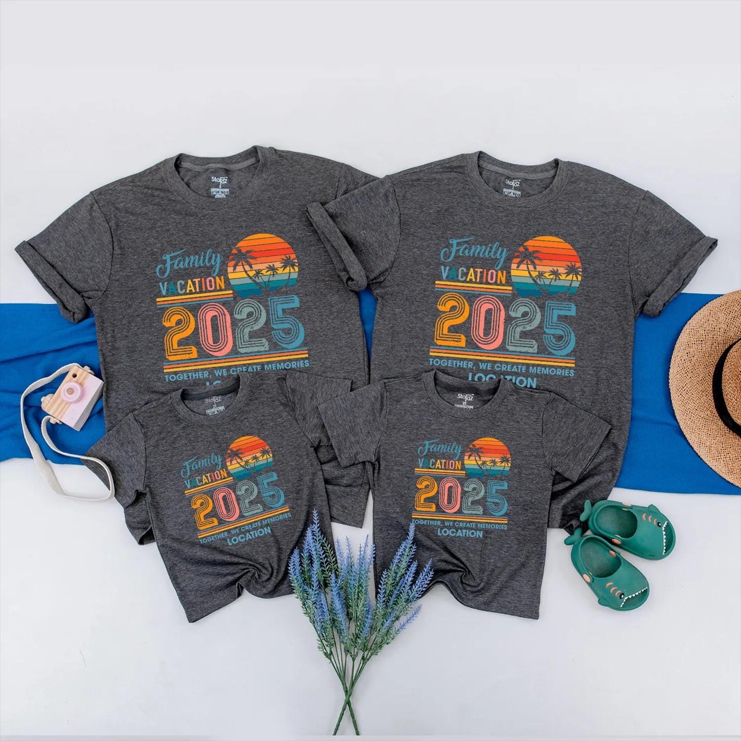 Family Vacation 2025 Matching Shirts: Retro Sunset Trip Outfits for Mom, Dad & Kids, Personalized Location, Together We Create Memories, Beachy Vibes (140)