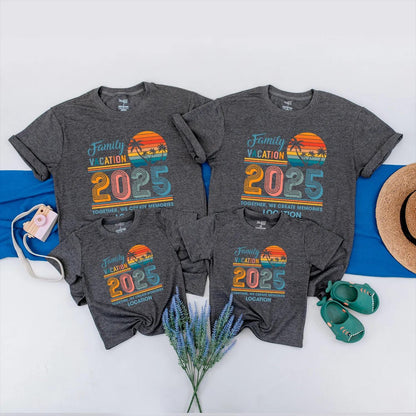 Family Vacation 2025 Matching Shirts: Retro Sunset Trip Outfits for Mom, Dad & Kids, Personalized Location, Together We Create Memories, Beachy Vibes (140)