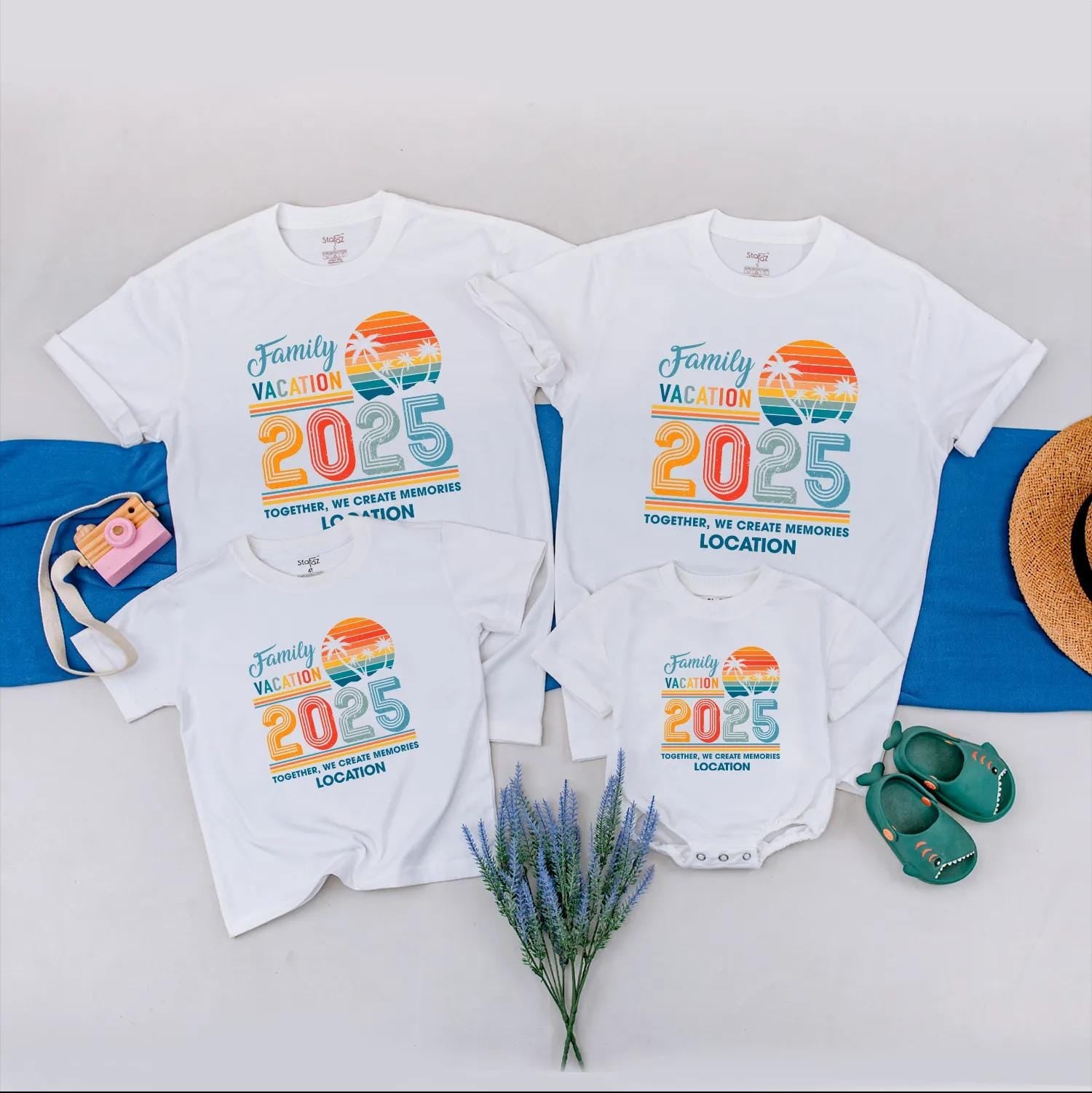 Family Vacation 2025 Matching Shirts: Retro Sunset Trip Outfits for Mom, Dad & Kids, Personalized Location, Together We Create Memories, Beachy Vibes (140)