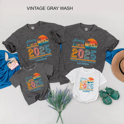 Family Vacation 2025 Matching Shirts: Retro Sunset Trip Outfits for Mom, Dad & Kids, Personalized Location, Together We Create Memories, Beachy Vibes (140)