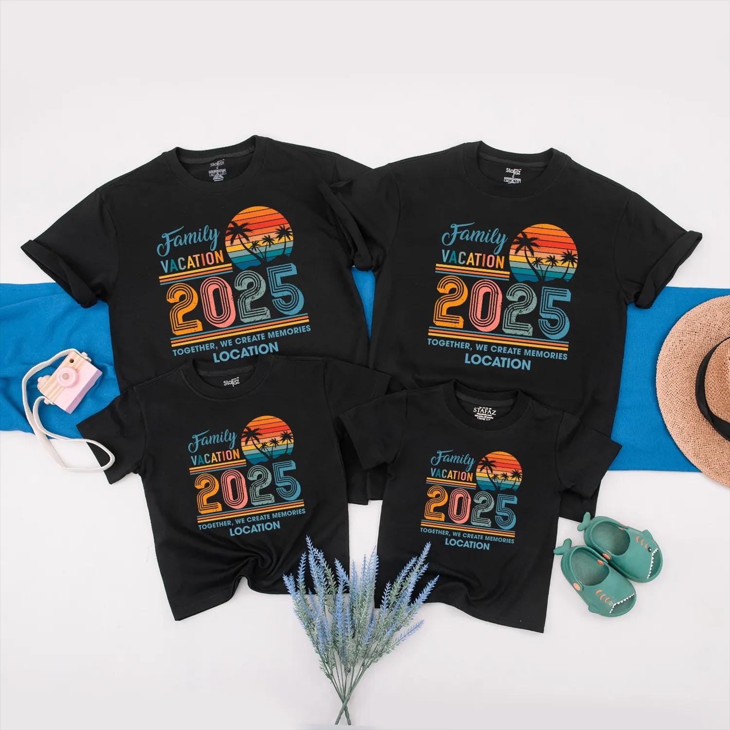 Family Vacation 2025 Matching Shirts: Retro Sunset Trip Outfits for Mom, Dad & Kids, Personalized Location, Together We Create Memories, Beachy Vibes (140)