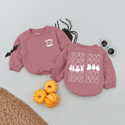 Personalized Hadley Hey Boo Halloween Baby Romper Cute Orange Purple Pumpkin Fall Toddler Shirt First Holiday Outfit