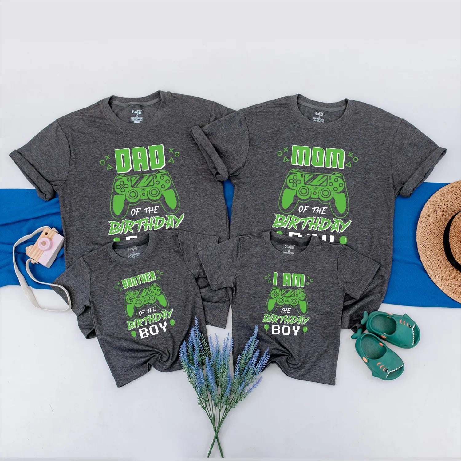 Matching Custom Gamer Family Birthday Shirts featuring Gaming Controller & Neon Text, Fun Retro Design for Video Game Party Boy Celebration