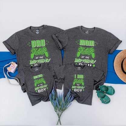 Matching Custom Gamer Family Birthday Shirts featuring Gaming Controller & Neon Text, Fun Retro Design for Video Game Party Boy Celebration