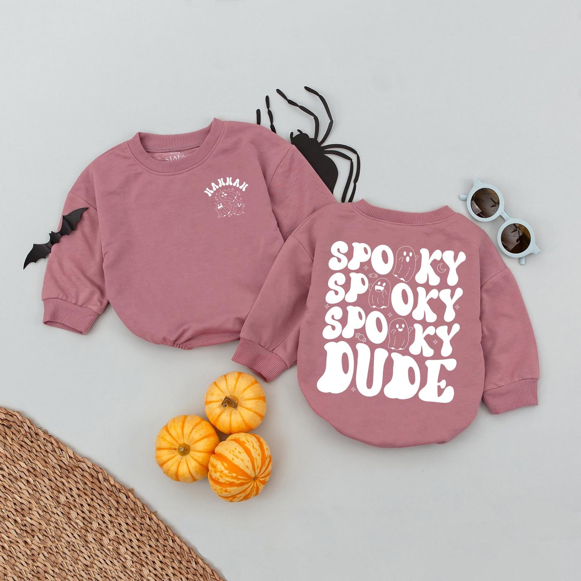 Personalized Hannah Ghost Spooky Dude Baby Romper Cute Halloween Kids Bubble Shirt