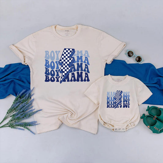 Boy Mama and Mamas Boy Matching Shirts Vintage Retro Checkered Outfit for Mother Son Set, Great Gift for Baby Boy and Mom