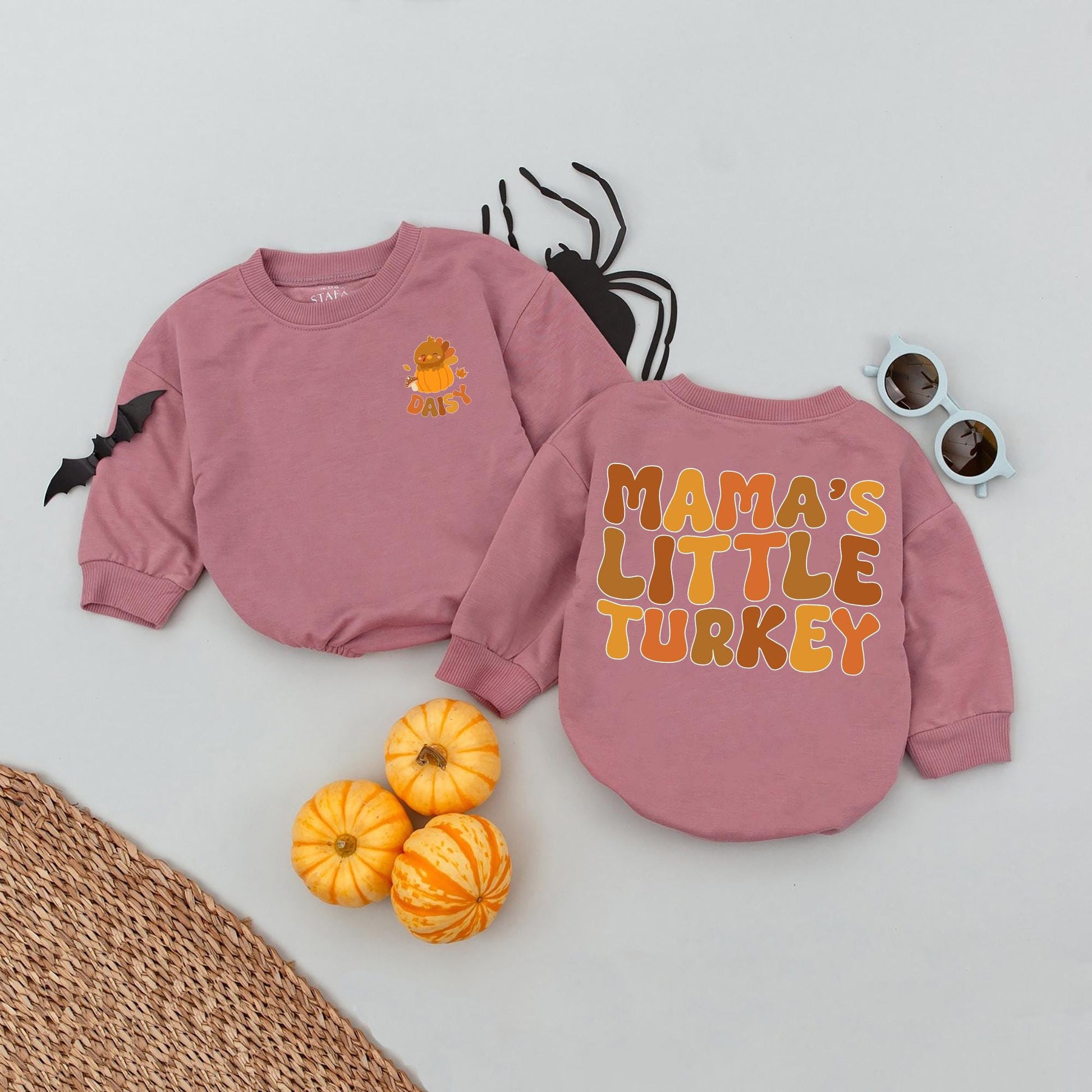 Daisy Baby Thanksgiving Romper, Mama's Little Turkey Fall Outfit, Personalized Infant Girl Thanksgiving Clothes, Pumpkin Patch Baby