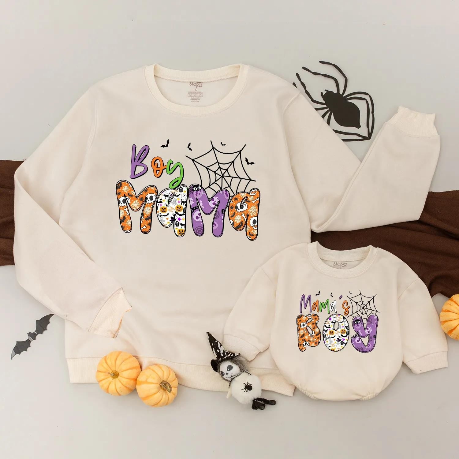 Boy Mama's Boy Halloween Matching Sweatshirt Cute Spooky Outfit Family Trick or Treat Shirts Holiday Gift Mom & Baby Spooky Season Clothes 2025