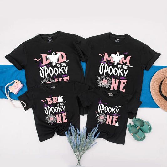 Spooky One Halloween Birthday Matching Family Shirts Ghost Witch Hat Bats Spiderweb Pink White Baby Romper First Birthday Girl Gift