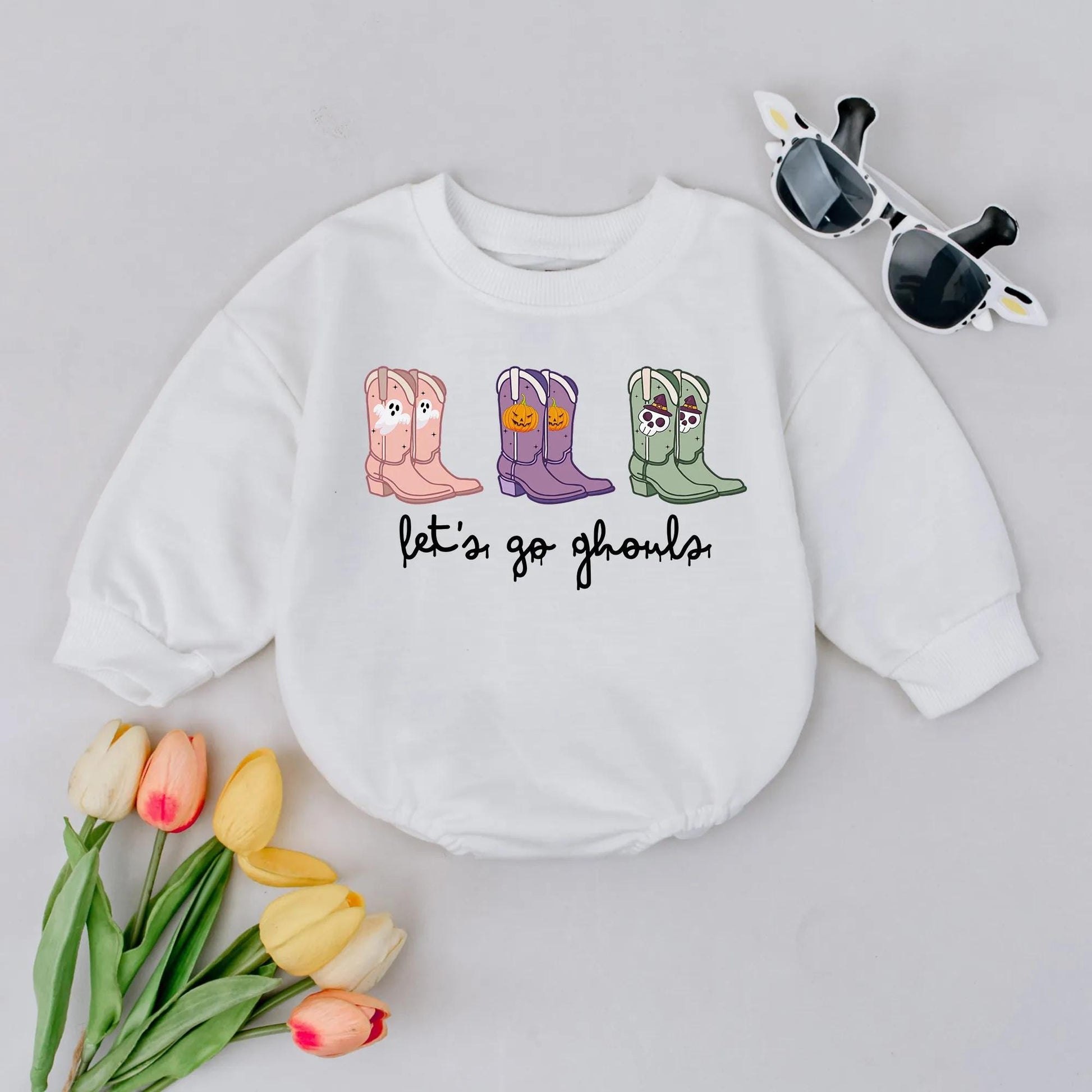 Let's Go Ghouls Baby Bubble Romper Halloween Western Cowgirl Outfit Spooky Cute Fall Retro Baby Clothes Toddler