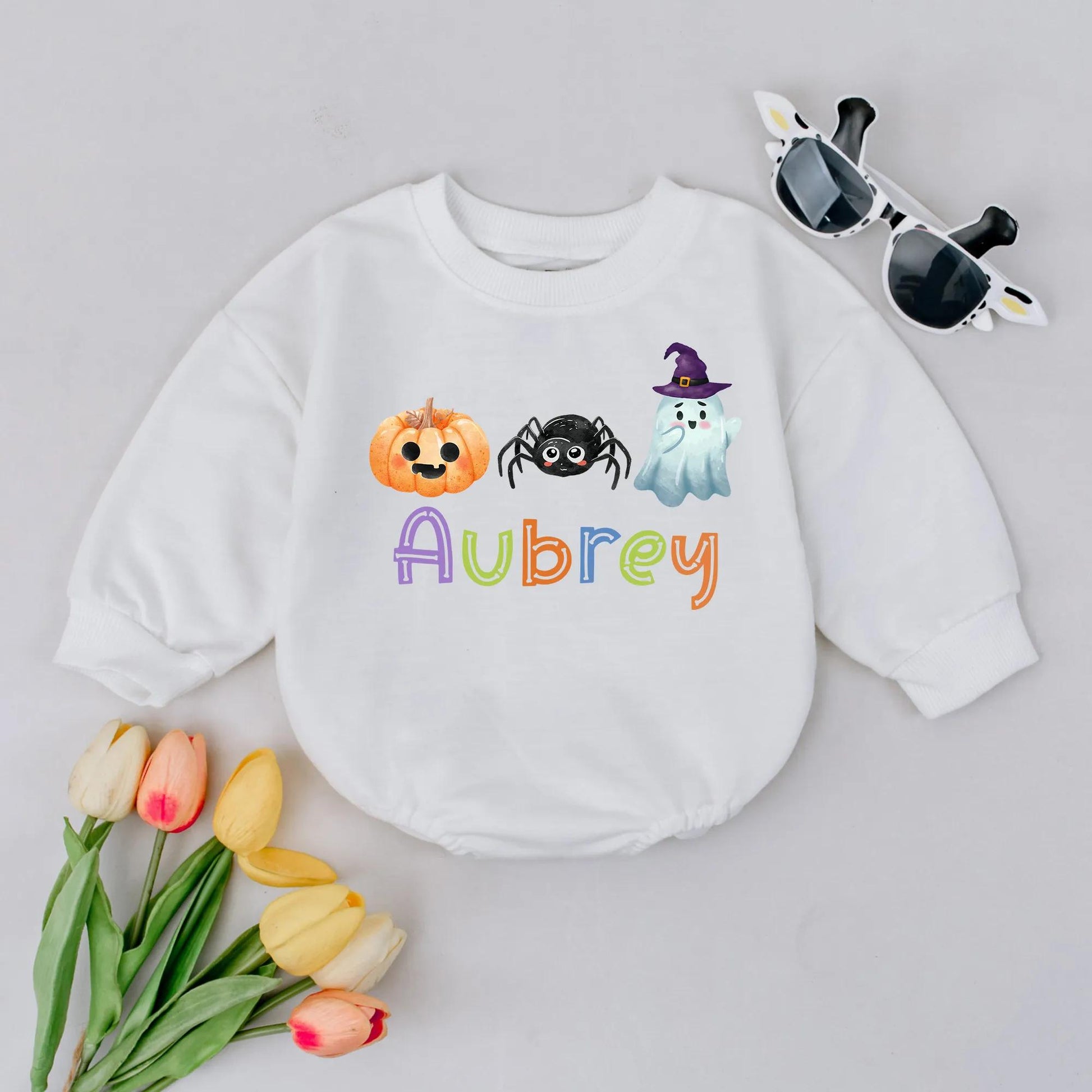 Cute Halloween Baby Bubble Romper Personalized Name Fall Outfit Spooky Pumpkin Ghost Custom Baby Girl Halloween Gift