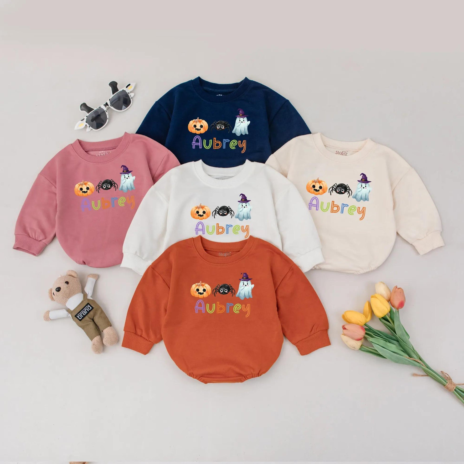 Cute Halloween Baby Bubble Romper Personalized Name Fall Outfit Spooky Pumpkin Ghost Custom Baby Girl Halloween Gift