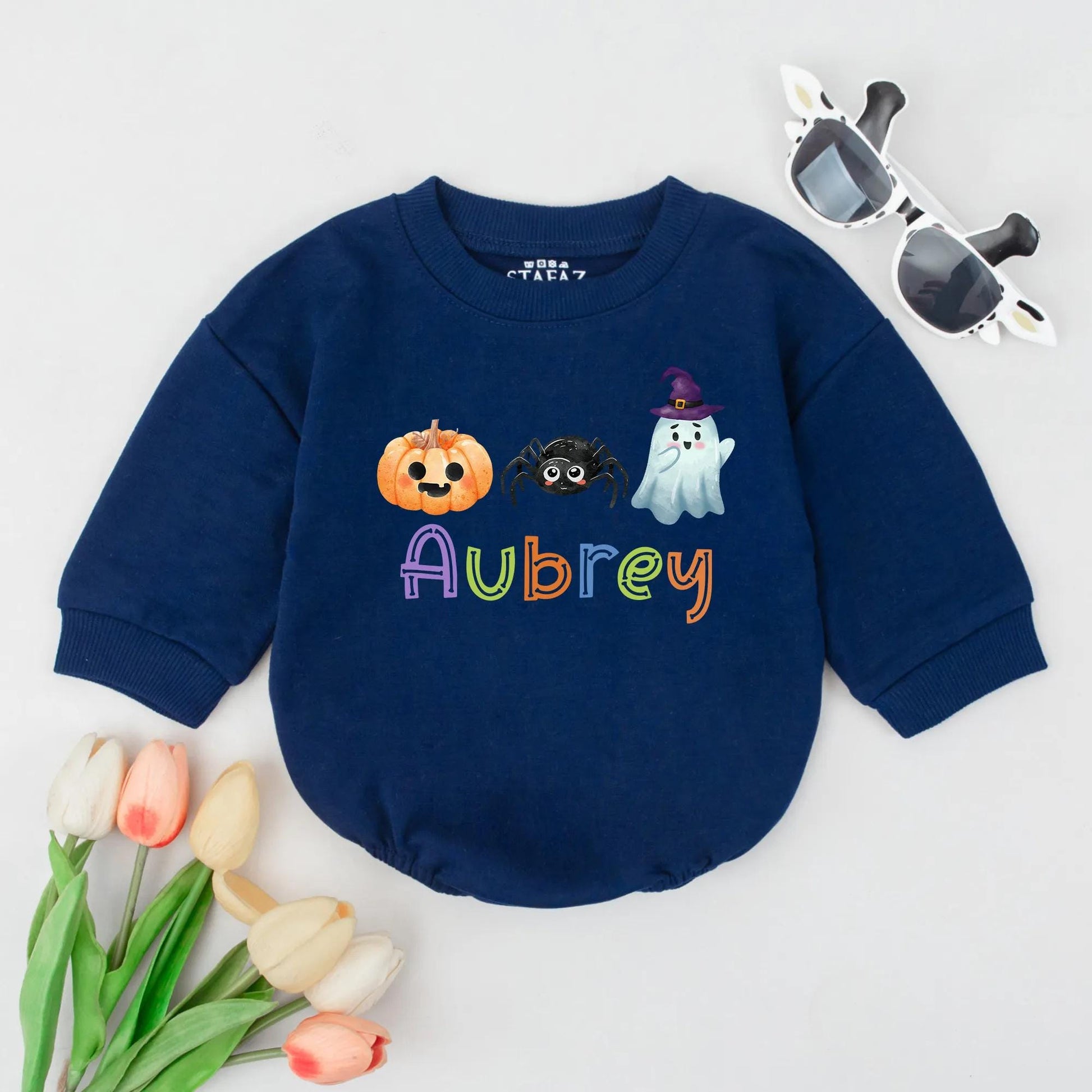 Cute Halloween Baby Bubble Romper Personalized Name Fall Outfit Spooky Pumpkin Ghost Custom Baby Girl Halloween Gift