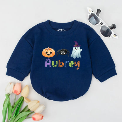 Cute Halloween Baby Bubble Romper Personalized Name Fall Outfit Spooky Pumpkin Ghost Custom Baby Girl Halloween Gift