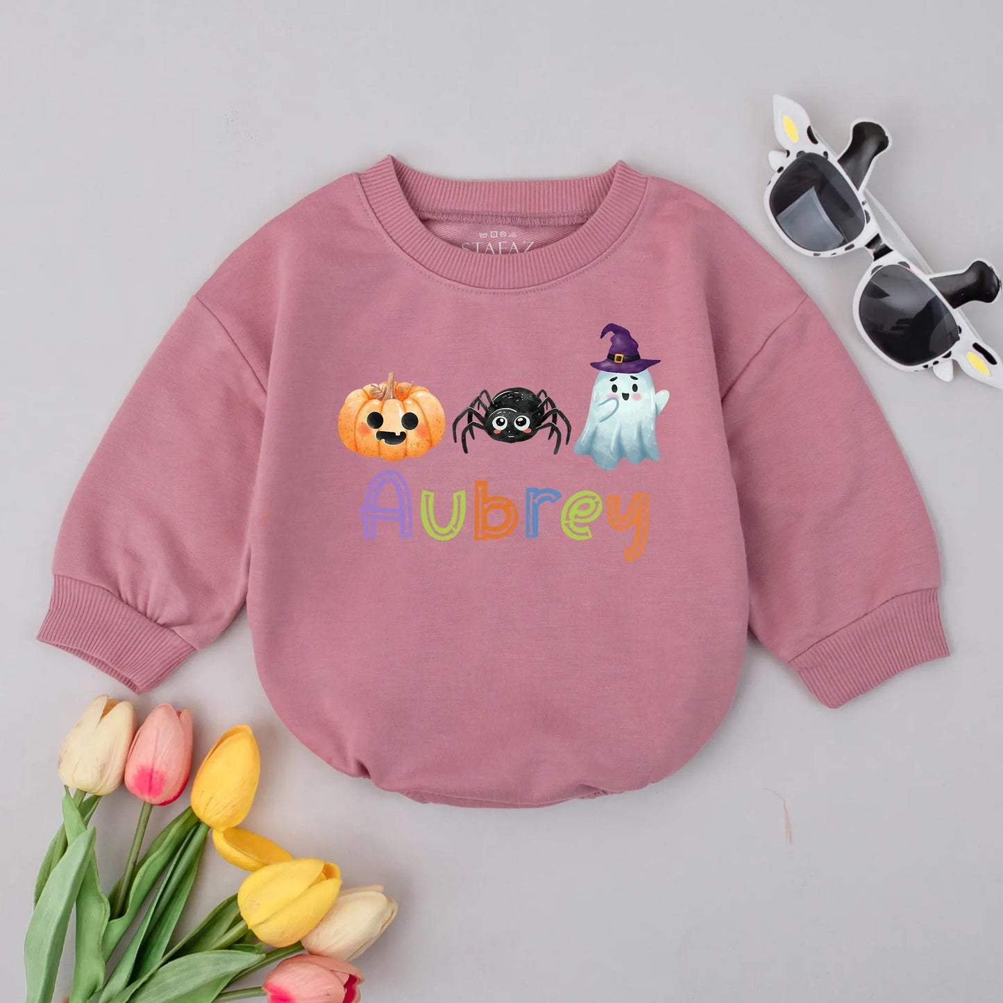 Cute Halloween Baby Bubble Romper Personalized Name Fall Outfit Spooky Pumpkin Ghost Custom Baby Girl Halloween Gift