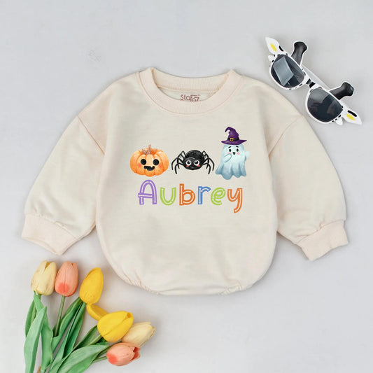 Cute Halloween Baby Bubble Romper Personalized Name Fall Outfit Spooky Pumpkin Ghost Custom Baby Girl Halloween Gift