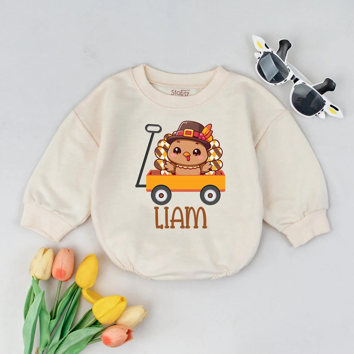 Custom Name Turkey Baby Romper Thanksgiving Outfit Personalized Infant Fall Boy Clothes Cute Baby Turkey Gift Idea