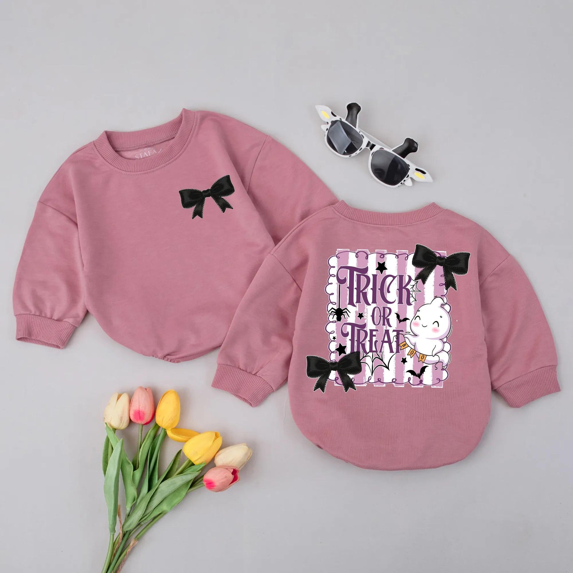 Cute Trick or Treat Baby Bubble Romper Pastel Goth Halloween Girl Outfit with Black Bow Spooky Baby Clothes for Fall Infant Costume