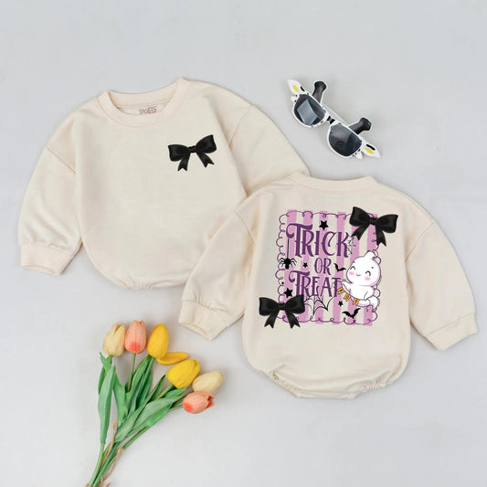 Cute Trick or Treat Baby Bubble Romper Pastel Goth Halloween Girl Outfit with Black Bow Spooky Baby Clothes for Fall Infant Costume