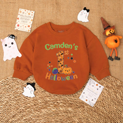 Personalized Baby's First Halloween Romper Custom Name Pumpkin Ghost Retro Baby Bodysuit Spooky Season Outfit