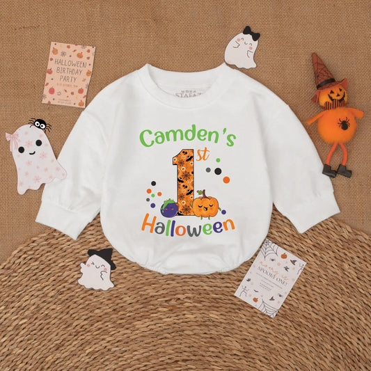 Personalized Baby's First Halloween Romper Custom Name Pumpkin Ghost Retro Baby Bodysuit Spooky Season Outfit