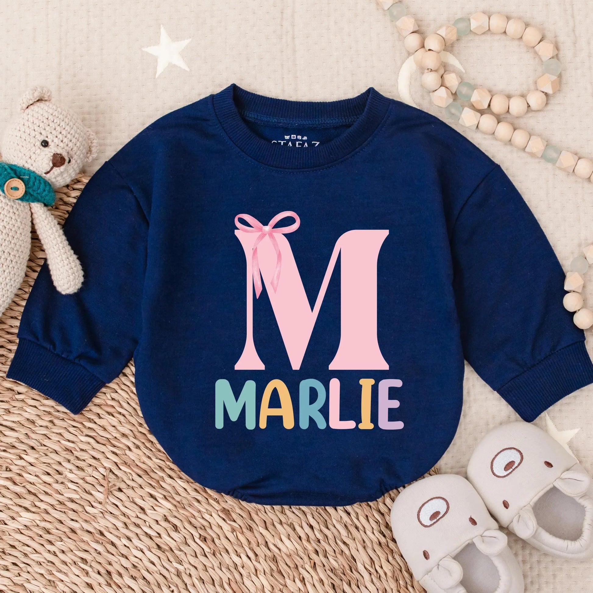 Custom Baby Girl Pink Bow Bubble Romper Personalized with Name Toddler Outfit Shower Gift Cute Clothes