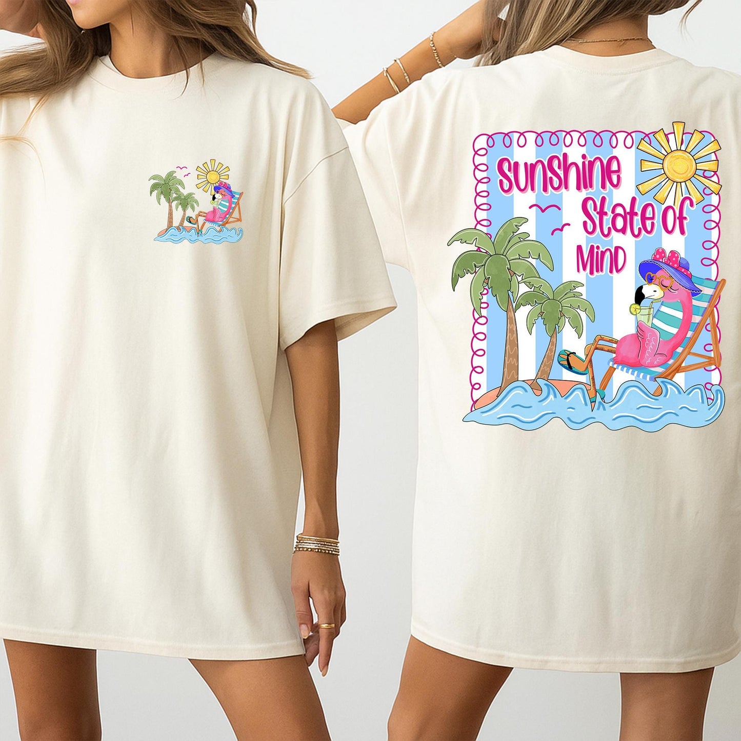 Trendy Retro Summer Sunshine State of Mind Shirt with Colorful Palm Trees and Flamingo Design for Beach Vibes and a Girly Coquette Style