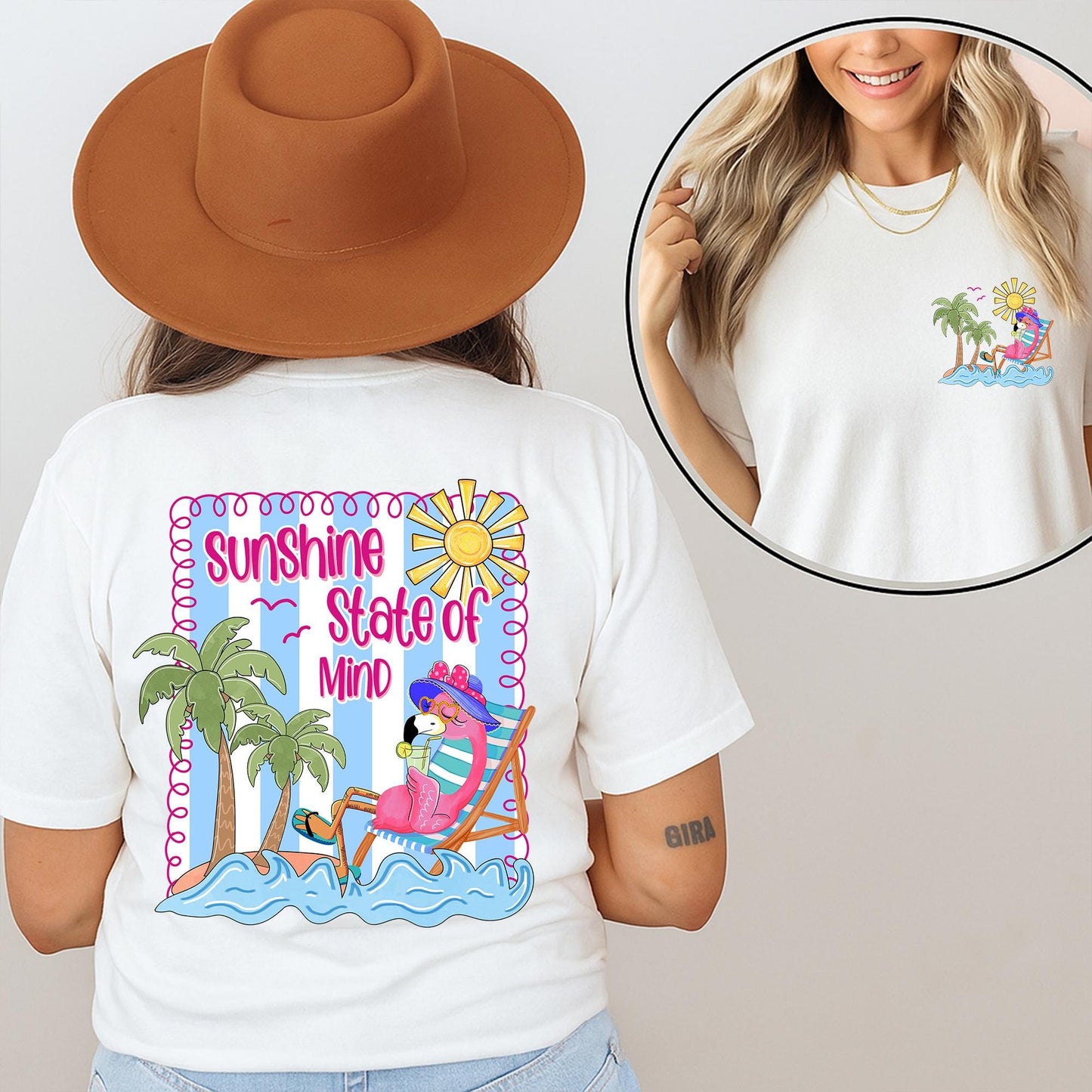 Trendy Retro Summer Sunshine State of Mind Shirt with Colorful Palm Trees and Flamingo Design for Beach Vibes and a Girly Coquette Style